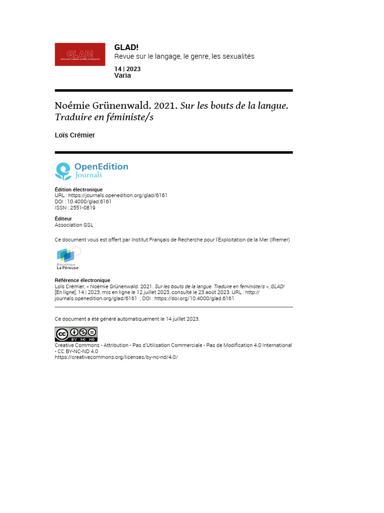 Grünenwald, N. (2021) - Traduire en Féministe/s (Note de Lecture) | PDF ...
