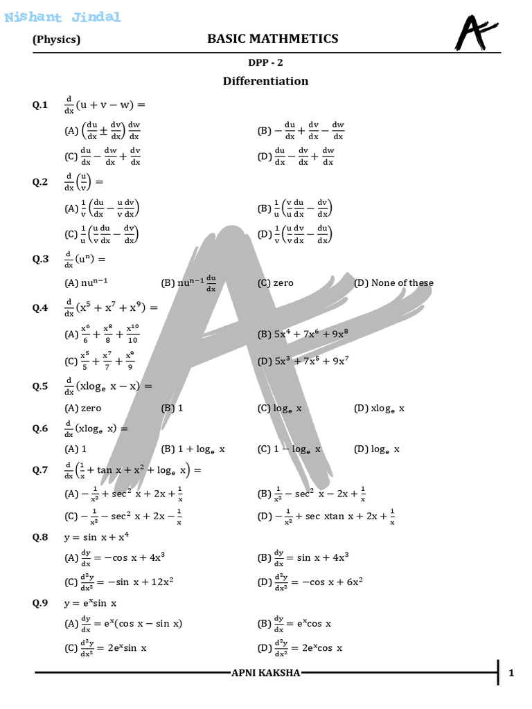 DPP - 02 - Basic Maths - Differentiation NJ247 | PDF