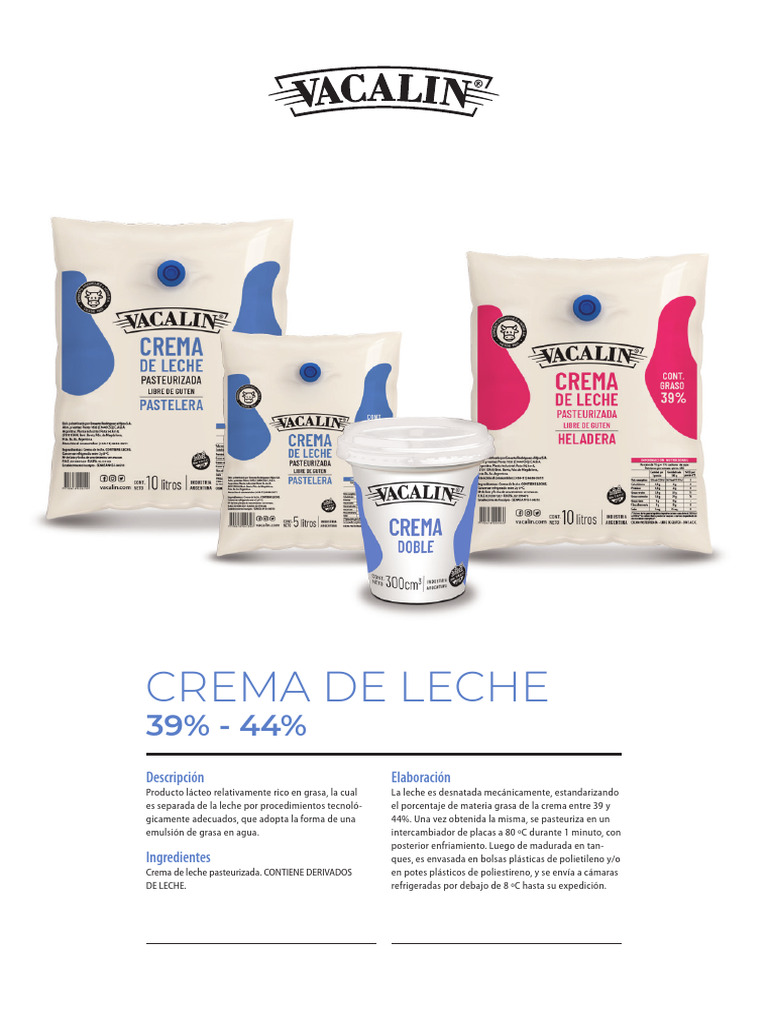 Ficha Técnica Crema de Leche Bolsa Plástica x 5 Litros PDF Leche