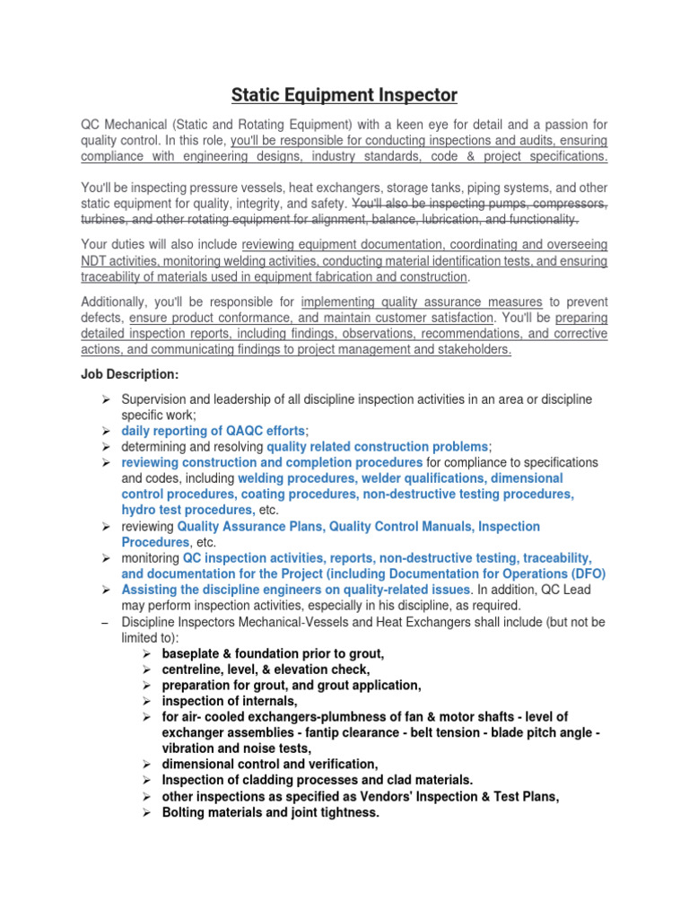 Static Equipment Inspector Responsibilities | PDF | Nondestructive ...