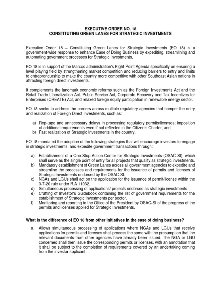 Green Lanes for Strategic Investments EO 18 | PDF | Investing ...