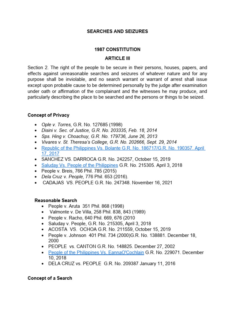 Searches and Seizures in Philippine Law | PDF | Search And Seizure ...