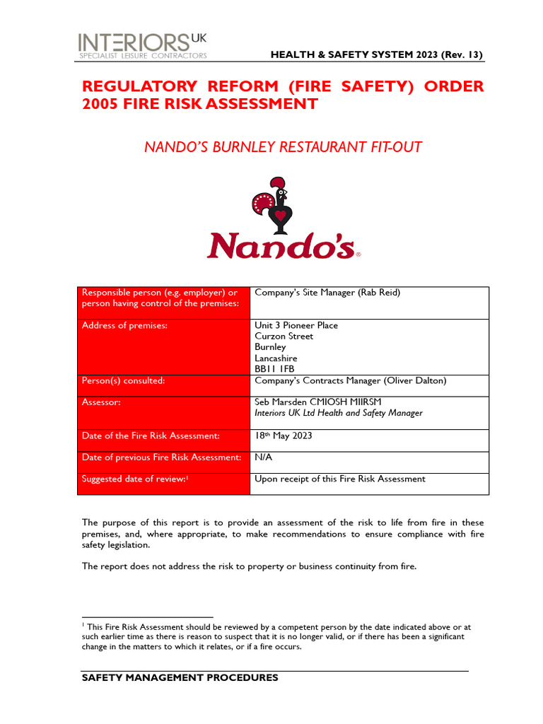 12 Nando's, Burnley Fire Risk Assessment May 2023 | PDF | Risk | Fire ...