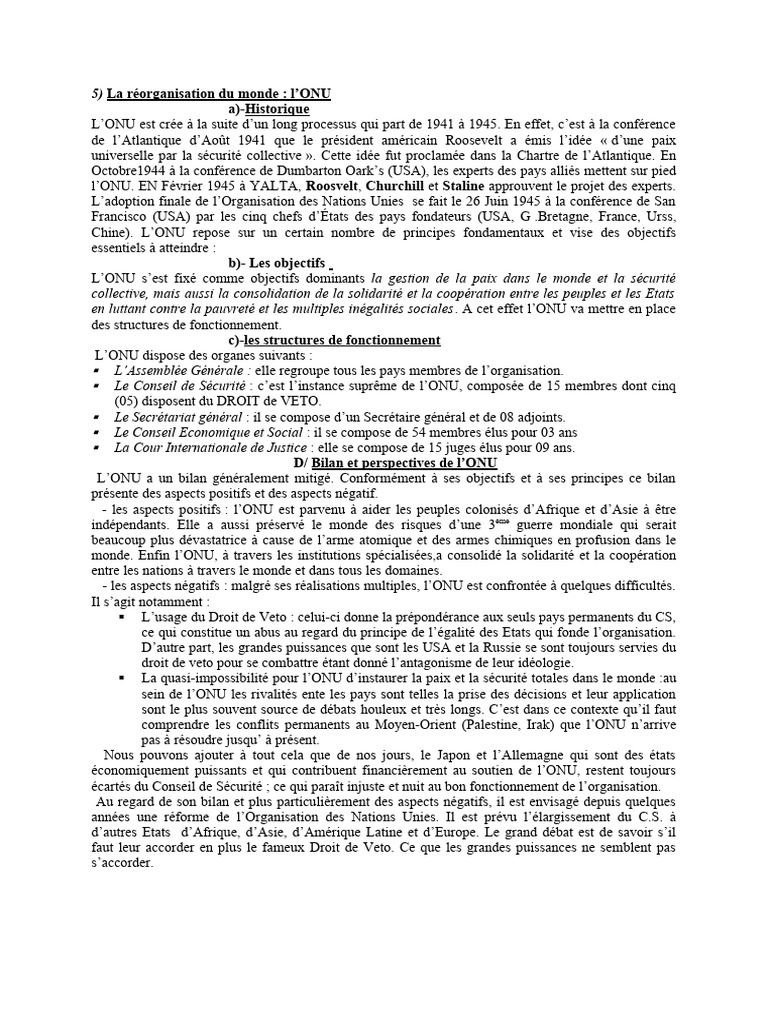 Historique et enjeux de l'ONU | PDF | Nations unies | Relations ...