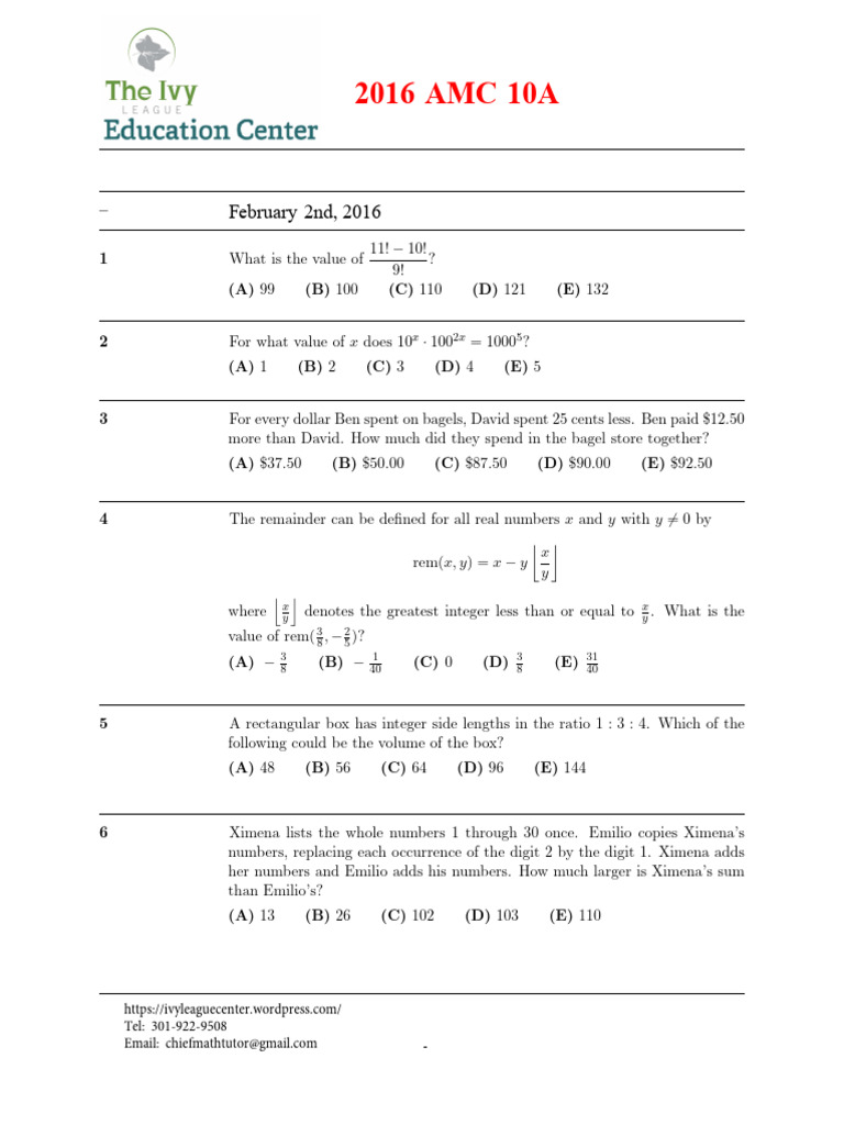 2016 AMC 10A Problem Set | PDF | Mathematics | Elementary Mathematics