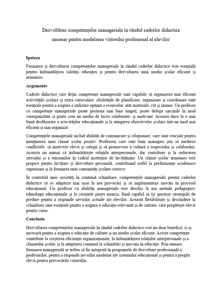 Dezvoltărea Competențelor Manageriale În Rândul Cadrelor Didactice | PDF