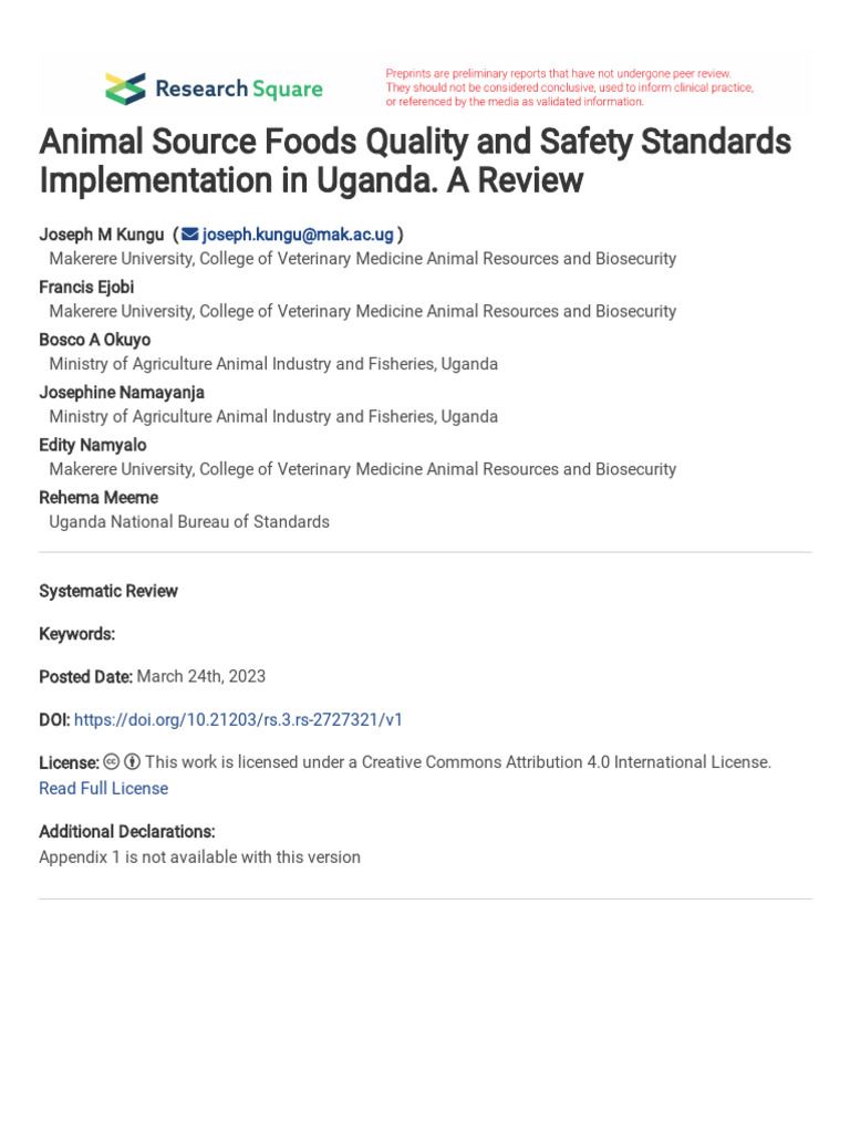 Uganda Animal Food Safety Standards Review | PDF | Food Safety ...