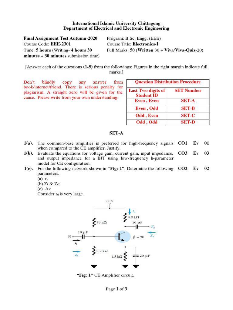 EEE-2301 Electronics-I Final Exam | PDF | Mosfet | Amplifier
