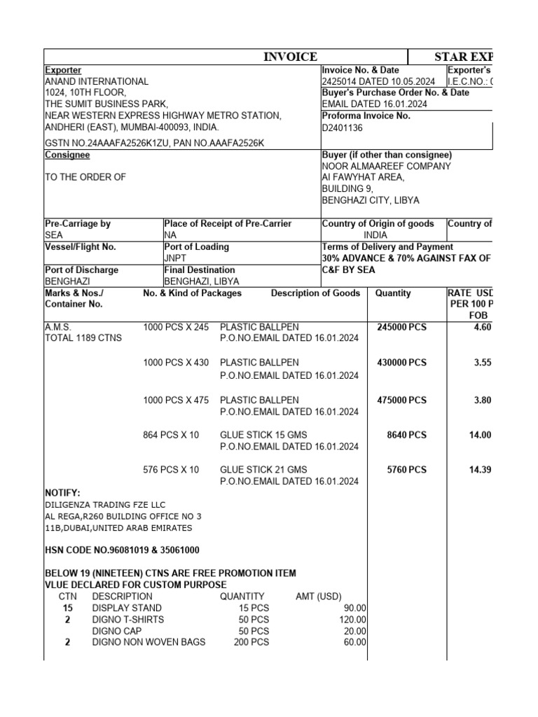 Invoice star export house diligenza trading fze llc al rega r260