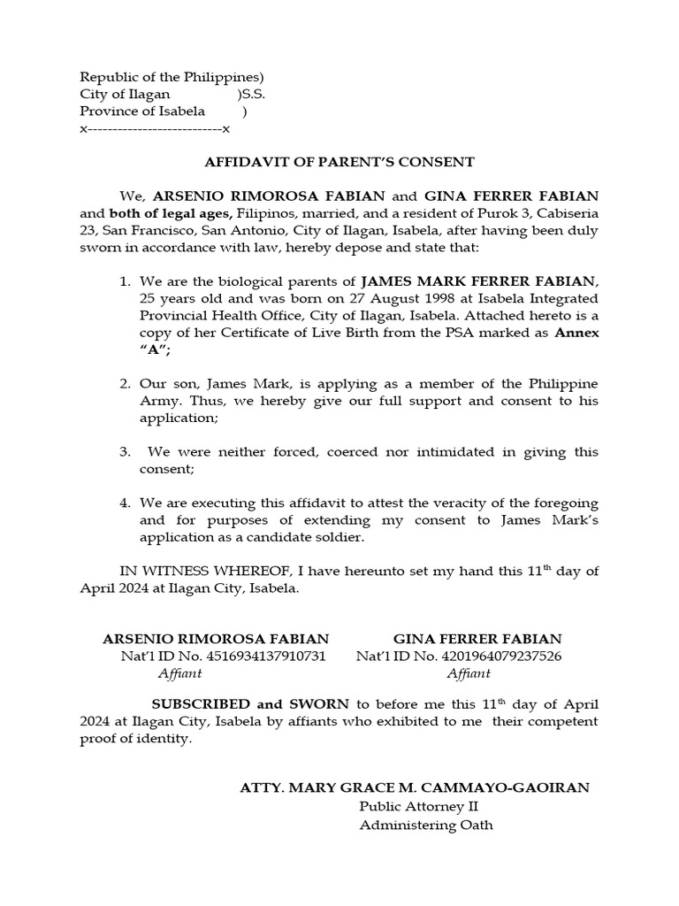 Affidavit of Parent's Consent for Army | PDF | Politics