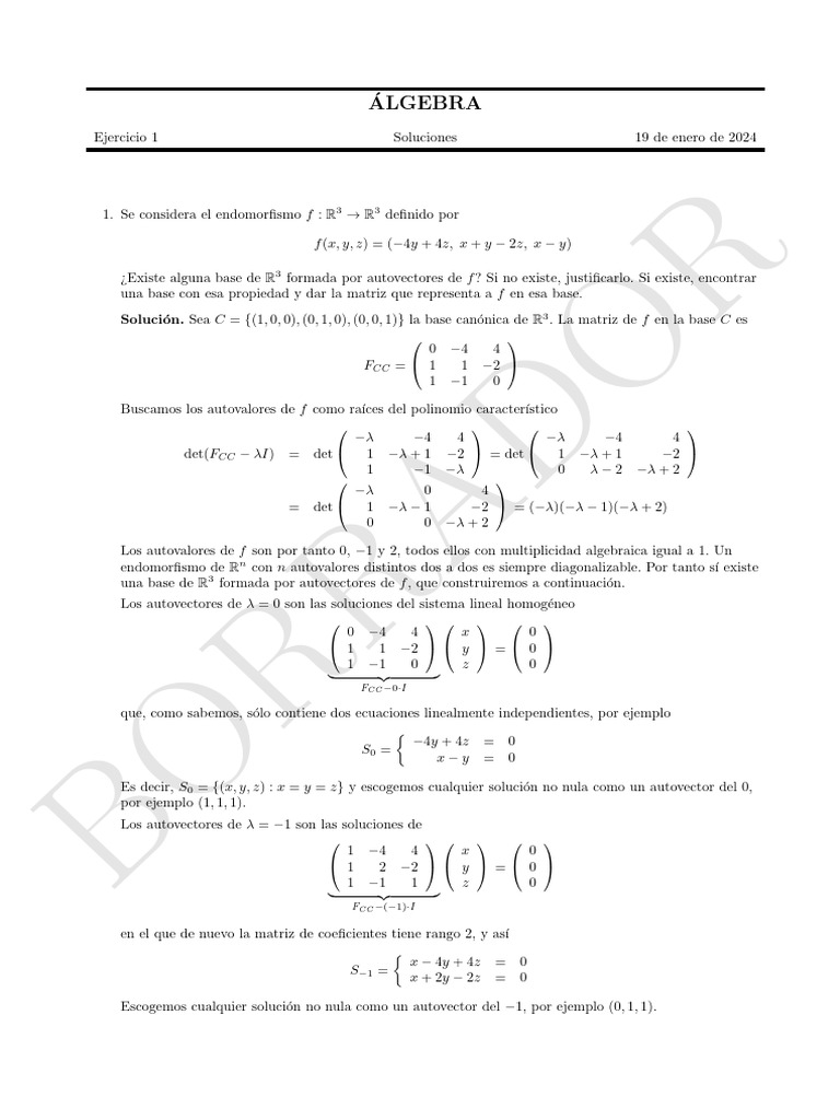 Álgebra - EX 2024-01-19 - SOL1 | PDF | Valores propios y vectores ...