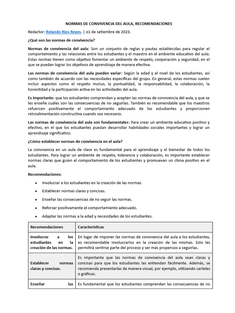 Normas de Convivencia en el Aula | PDF | Salón de clases | Comportamiento