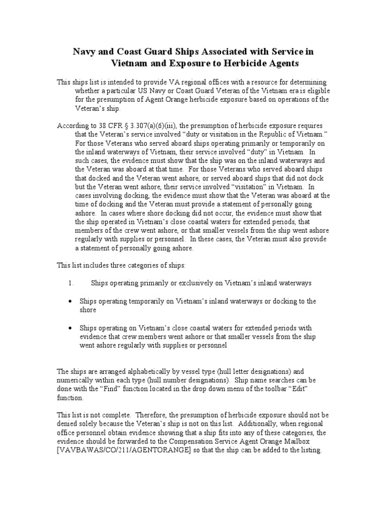 Agent Orange Ships List Agent Orange Ships