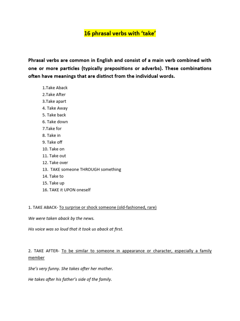 16 Phrasal Verbs With TAKE | PDF | English Language | Linguistics