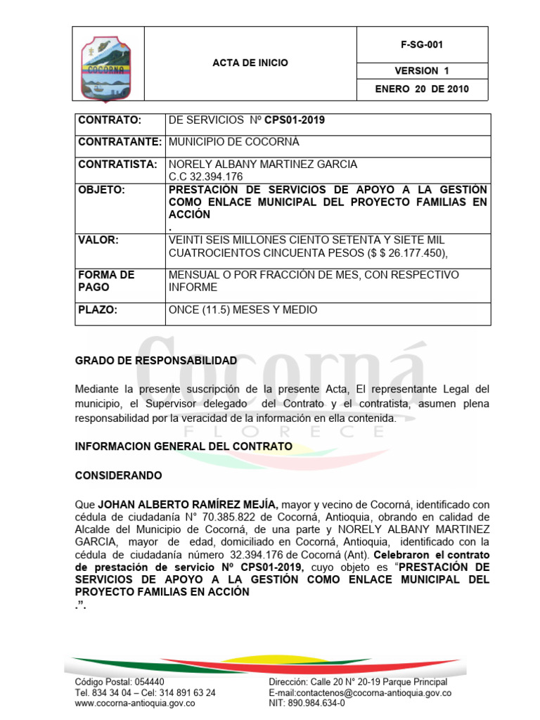 Acta de Inicio Contrato CPS01-2019 Cocorná | PDF | Debido al proceso ...