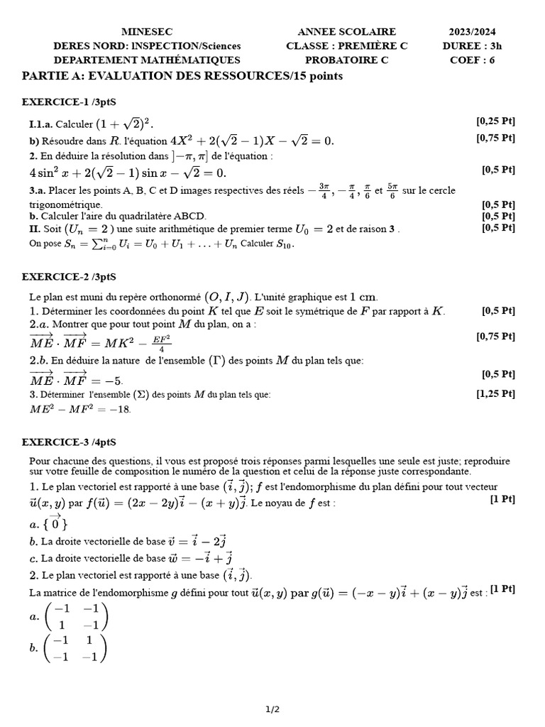 Épreuve de Mathématiques Probatoire C 2024 | PDF | Coordonnées ...