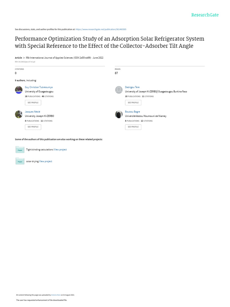 Performance Optimization Study of An Adsorption Solar Refrigerator ...