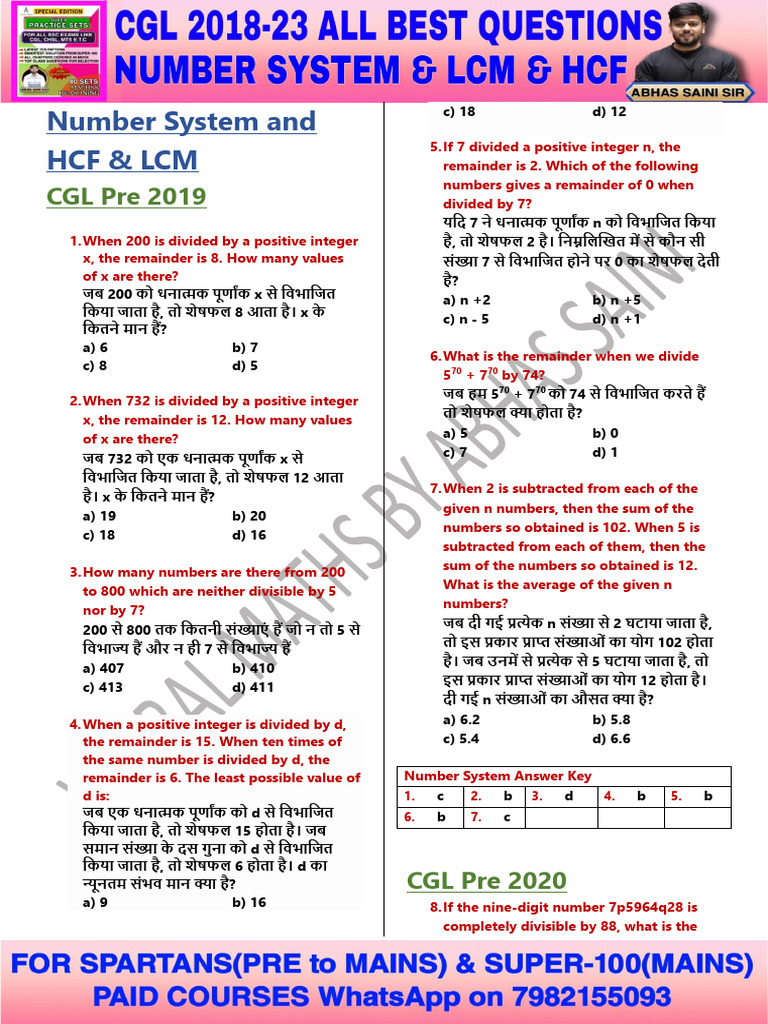 1 Number System and HCF 0 LCM CGL 2018 23 Best Question by Abhas | PDF
