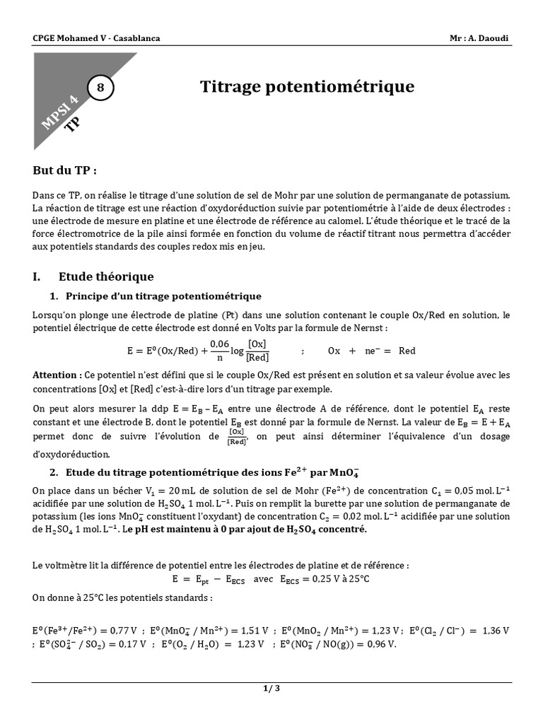 Titrage Potentiométrique du Sel de Mohr PDF Titrage Chimie — free download