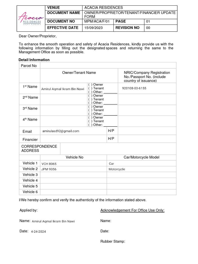 Acacia Residences Owner Update Form | PDF
