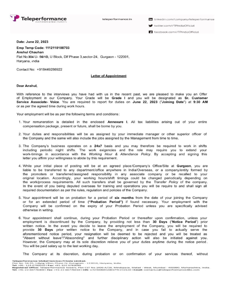 Offer Letter TP | PDF