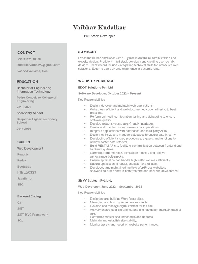 Vaibhav K Resume | PDF | Web Development | Systems Architecture