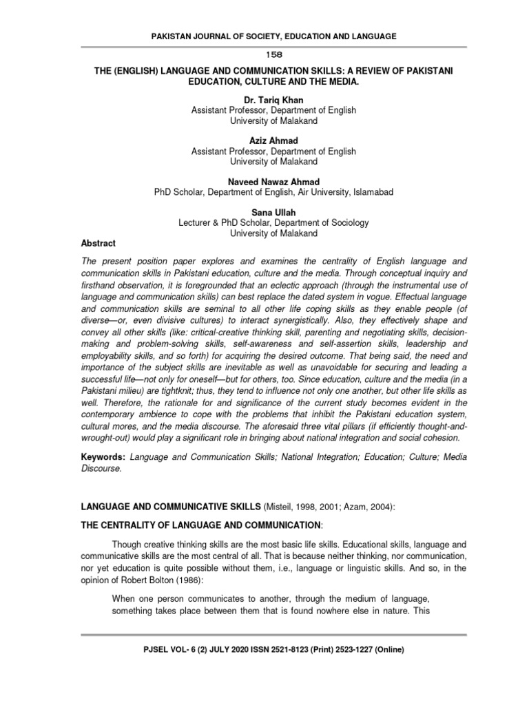 Pakistan Journal of Society, Education and Language | PDF | Nonverbal ...