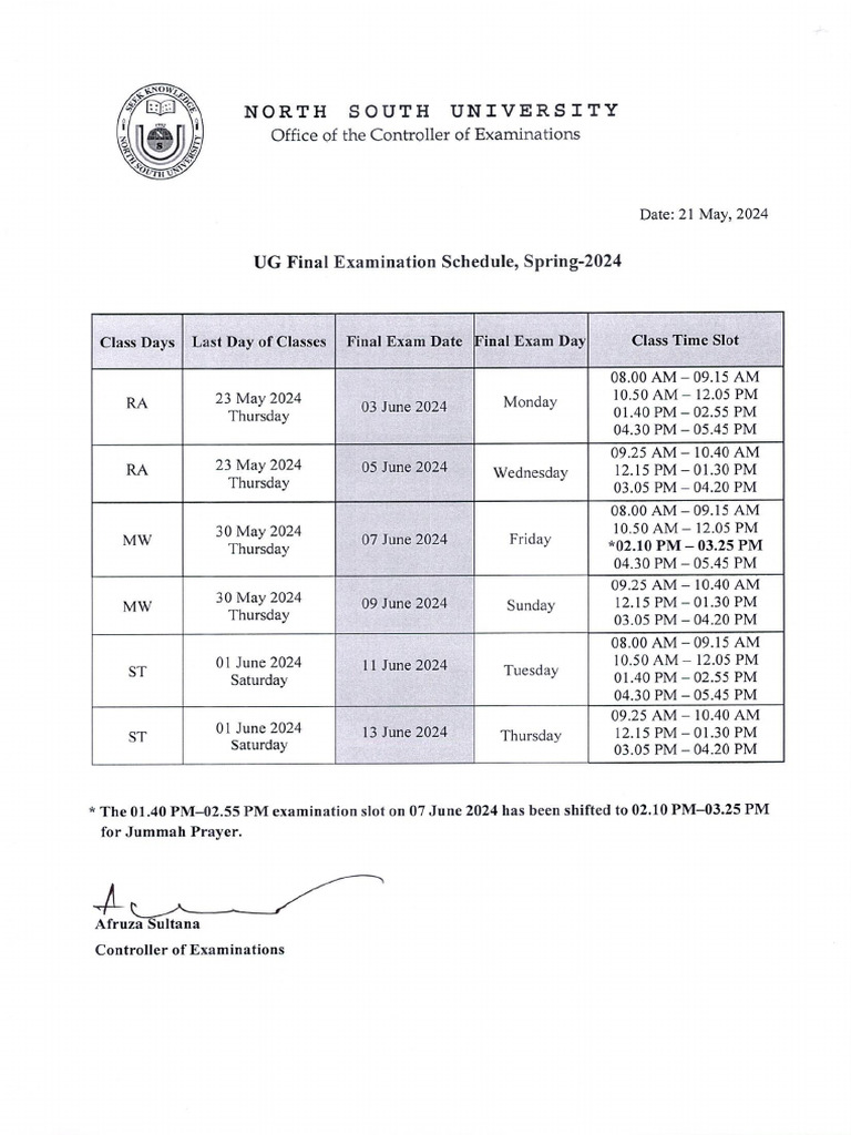 Ug Final Examination Schedule, Spring 2024 PDF