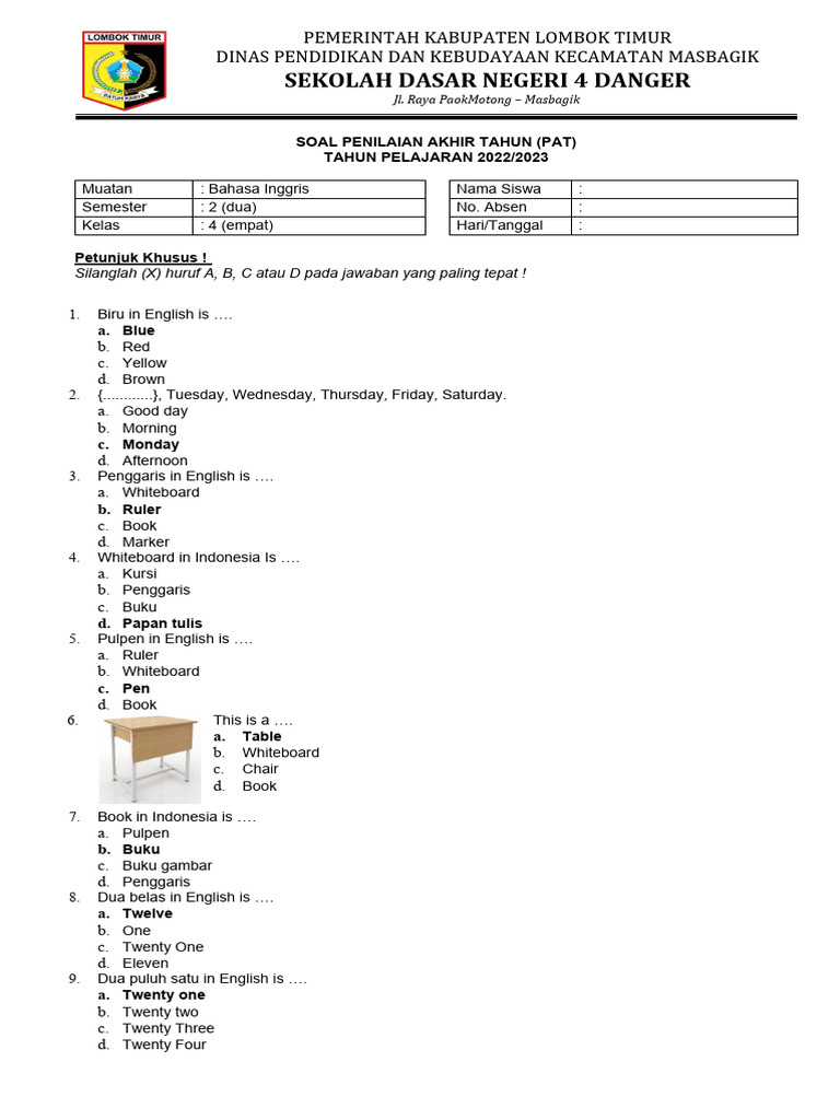 Soal PAT Bahasa Inggris Kelas 4 | PDF | Language Arts & Discipline