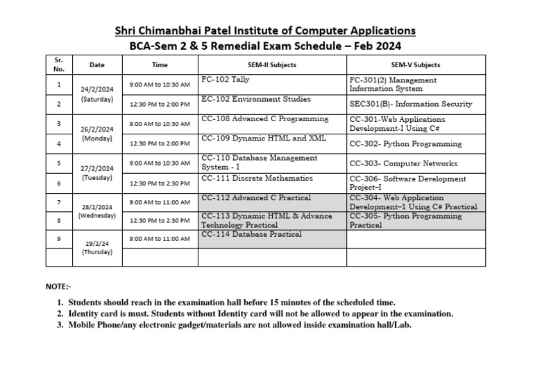 Remedial BCA Sem 2 and 5 Exam Feb2024 Schedule | PDF | Application ...