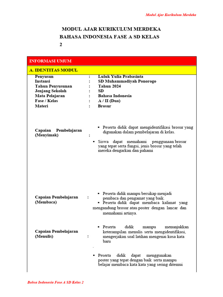 Modul Ajar Brosur Kelas 2 SD | PDF | Karier & Perkembangan | Seni ...