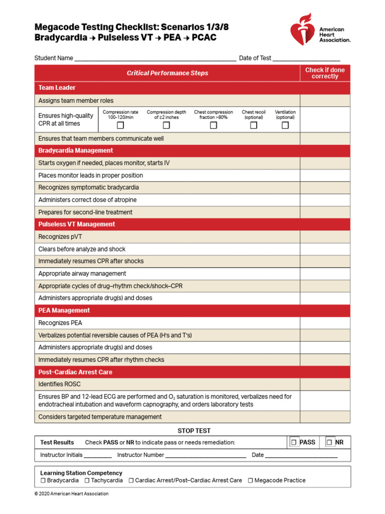 Megacode Testing Checklist for CPR Scenarios | PDF | Cardiopulmonary ...