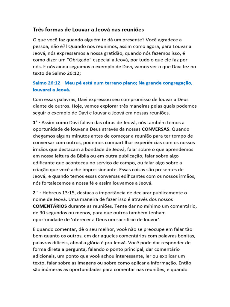 Formas de Louvar a Jeová em Reuniões | PDF | Davi | Deus