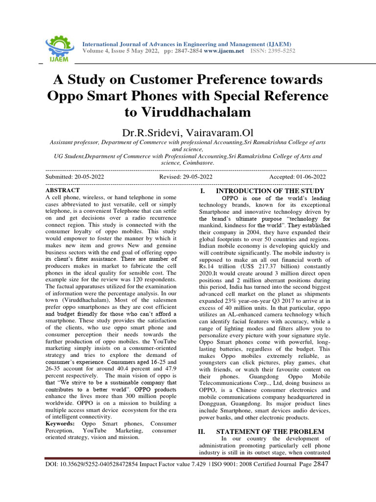 A Study On Customer Preference Towards Oppo Smart Phones With Special ...