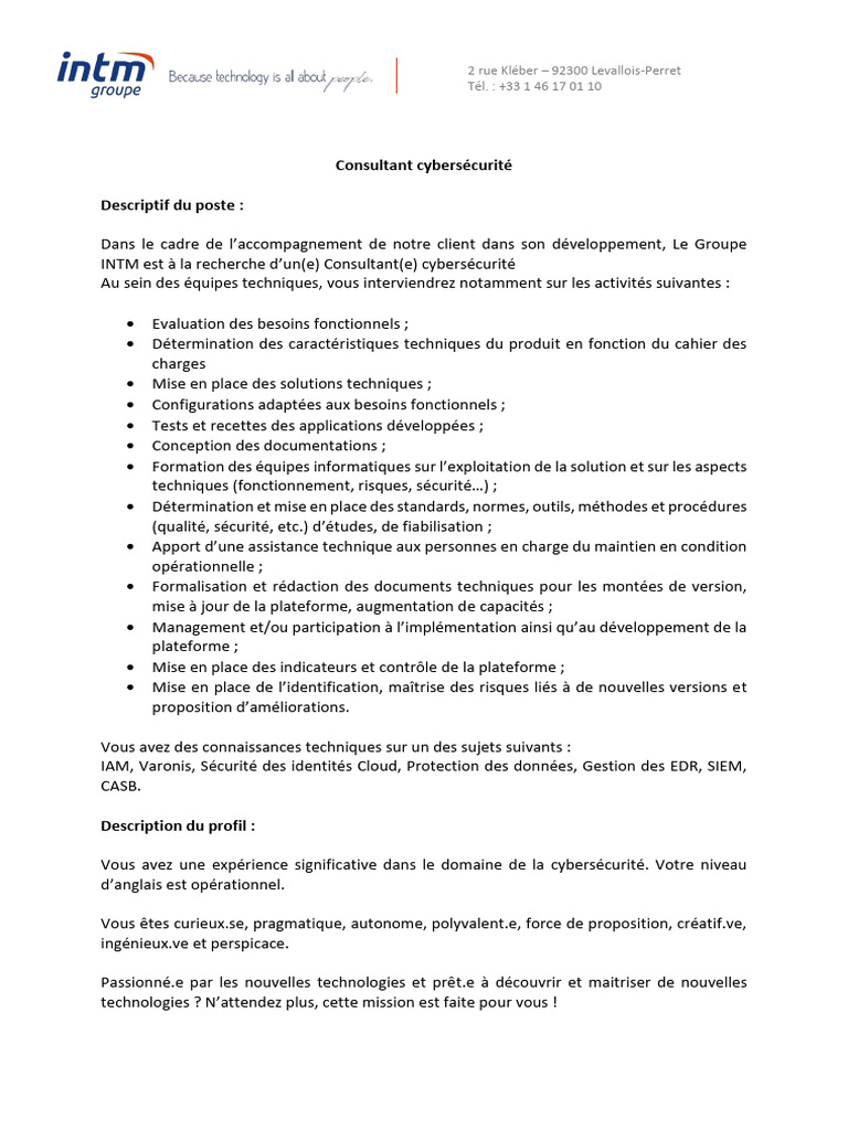 Consultant Cybersécurité au Groupe INTM | PDF | Sécurité des systèmes d ...