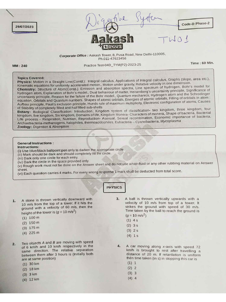 Test Paper TW01 | PDF