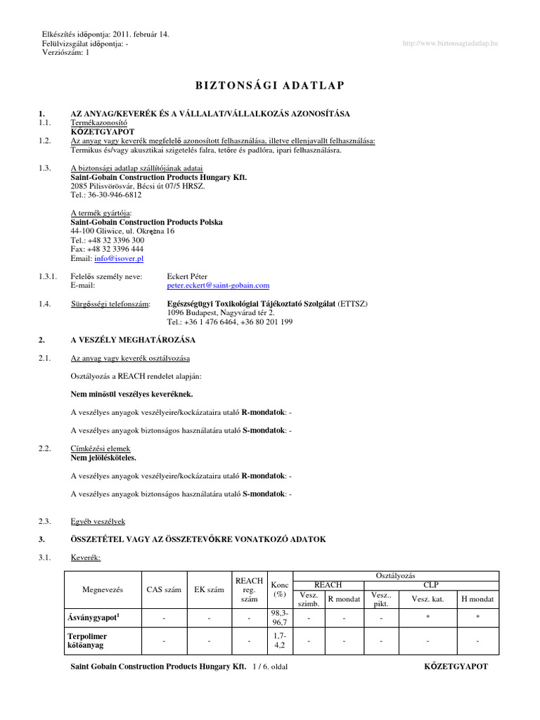 Biztonsagi Adatlap Kozetgyapot | PDF