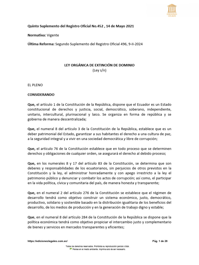 Ley de Extinción de Dominio en Ecuador | PDF | Propiedad | Mandato