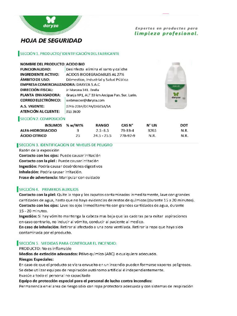 MSDS Acido Bio Daryza | PDF