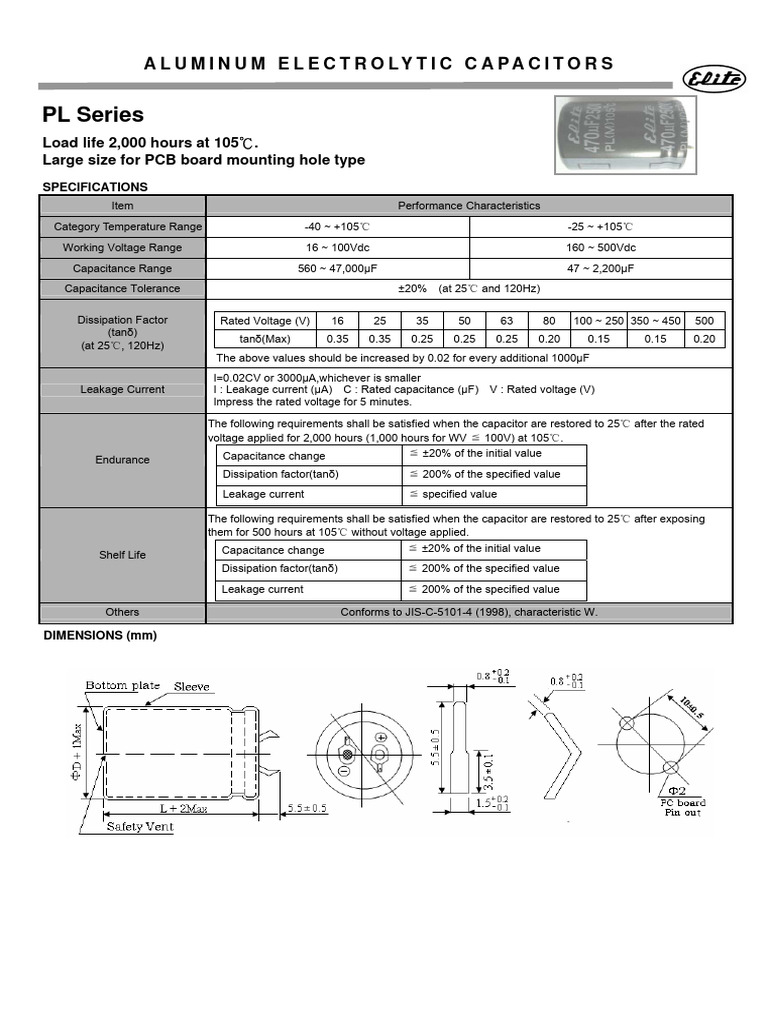 Elite (Snap-In) PL Series | PDF | Capacitor | Capacitance