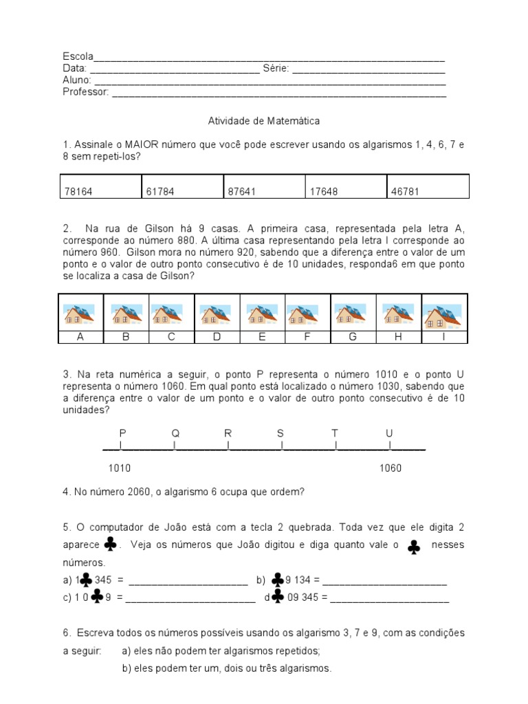 Exercicios sistema de numeração decimal 6 ano com gabarito doc Sistema De Numeracao Decimal 4º E 5º Ano Numeros Notacao Matematica