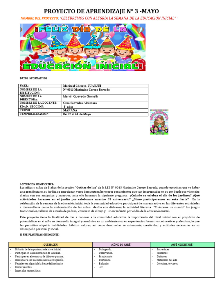 Proyecto Celebramos Con Alegria La Semana de La Educ - Inicial | PDF ...