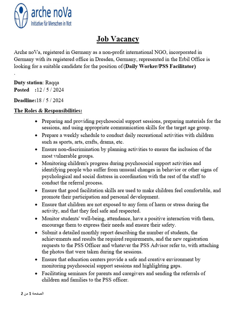 Job Vacancy, Daily worker-PSS Facilitator-1 | PDF | Psychosocial ...