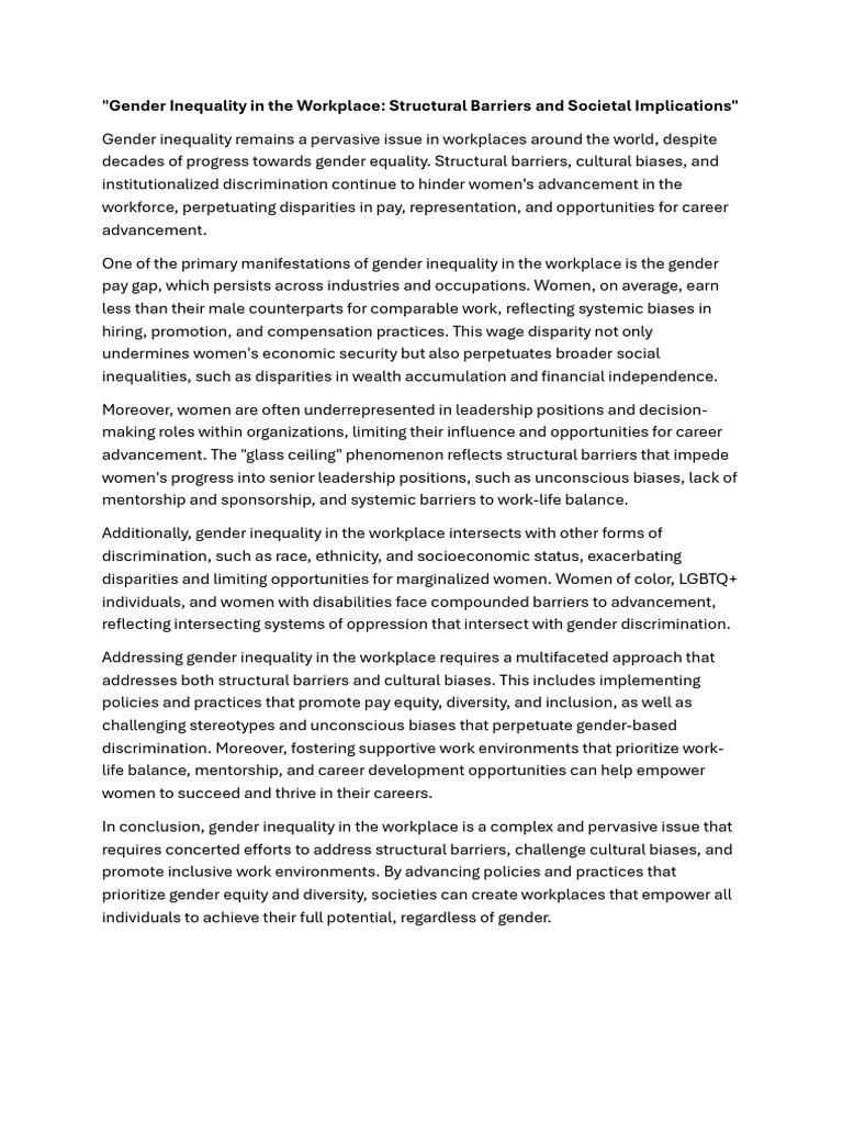 Gender Inequality in The Workplace | PDF | Gender Studies | Gender ...
