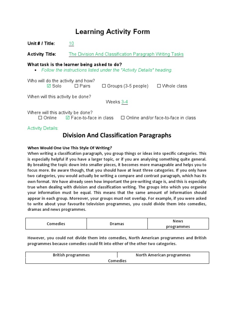 Division and Classification Writing Guide | PDF | Holidays