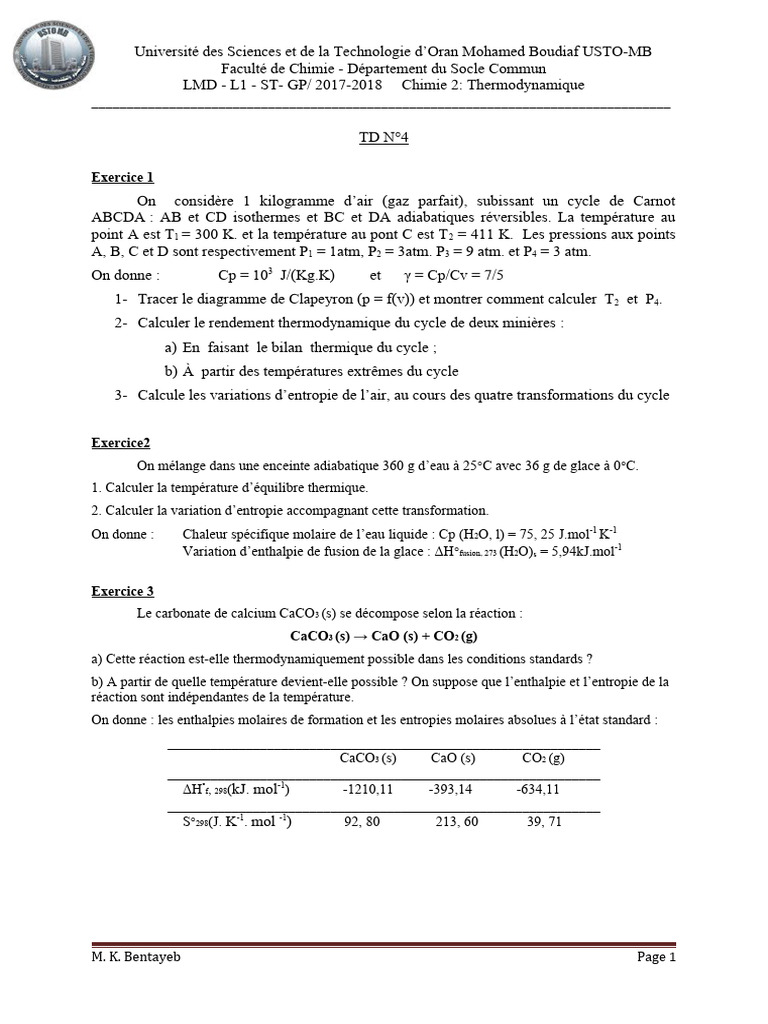 Thermodynamique : Cycle de Carnot et Entropie | PDF | Thermodynamique ...