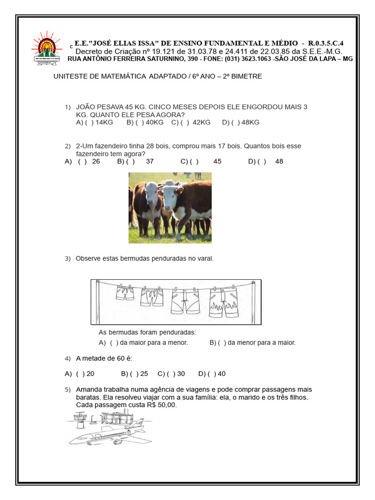 Uniteste Adaptado - Matemática 2º Bimestre - 6º Ano | PDF | Métodos e ...