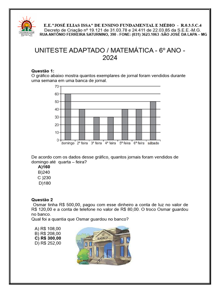 Uniteste de Mat Adaptado - 6º Ano - 2024 | PDF | Esportes e Recreação ...