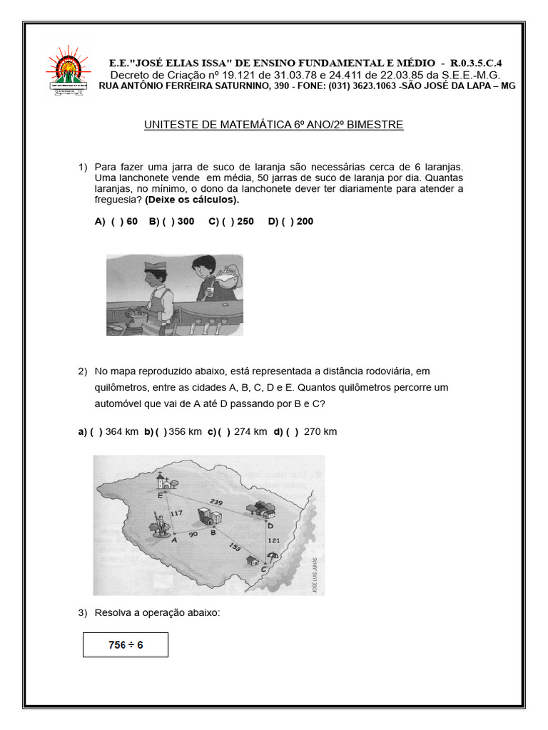 Uniteste de Matemática 6º Ano - 2º Bimestre - 2023 | PDF