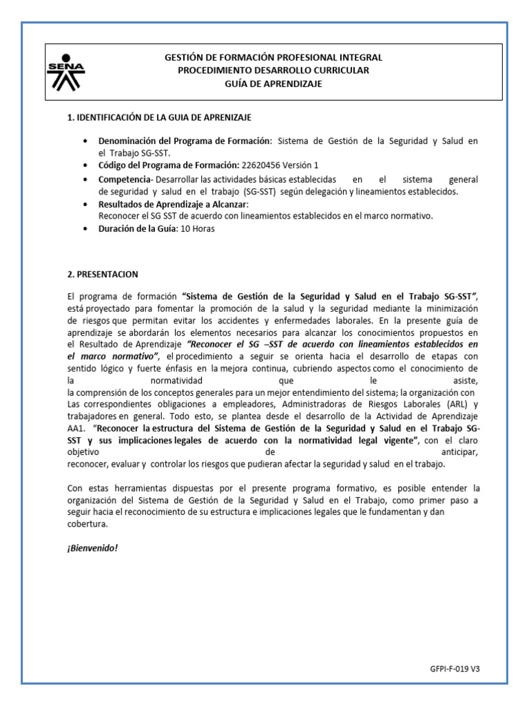Guia De Aprendizaje Organización Del Sg Sst 2017 Pdf Derecho